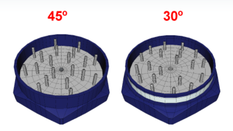 Disposición púas Quick Grinder 45° y 30° Comparativa disposición púas grinder Quick Grinder 45 grados tapa superior y 30 grados tapa inferior