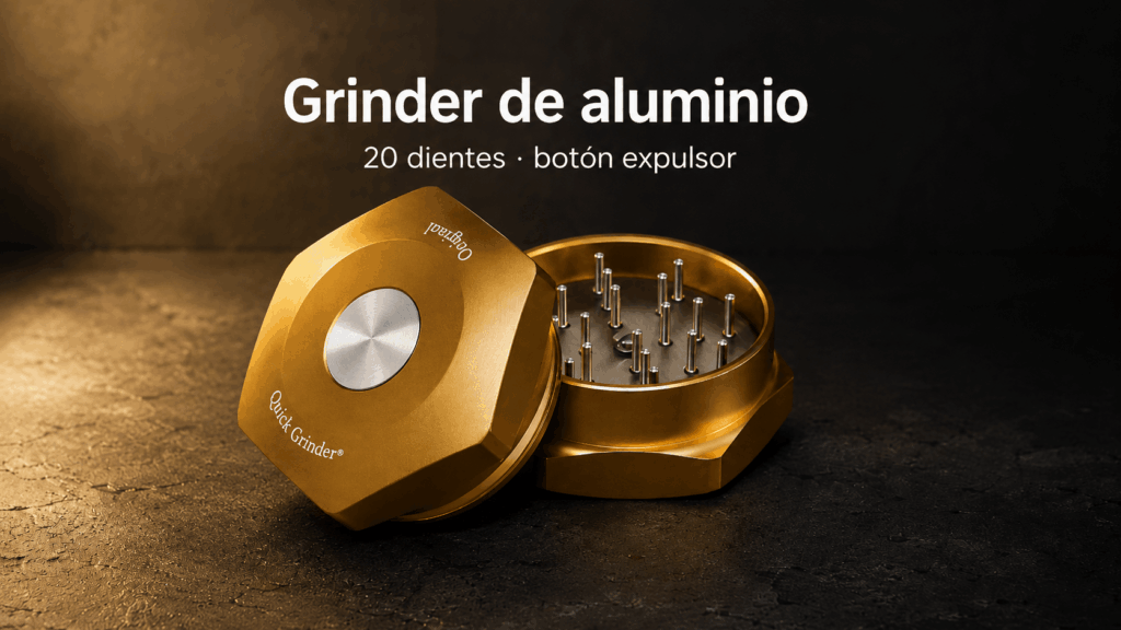Grinder de aluminio Quick Grinder dorado abierto sobre superficie de cemento con texto 20 dientes y botón expulsor