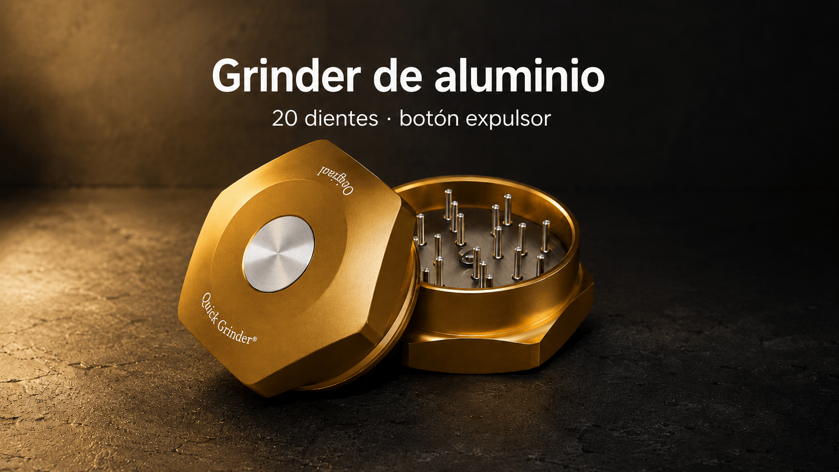 Grinder de aluminio Quick Grinder dorado abierto sobre superficie de cemento con texto 20 dientes y botón expulsor